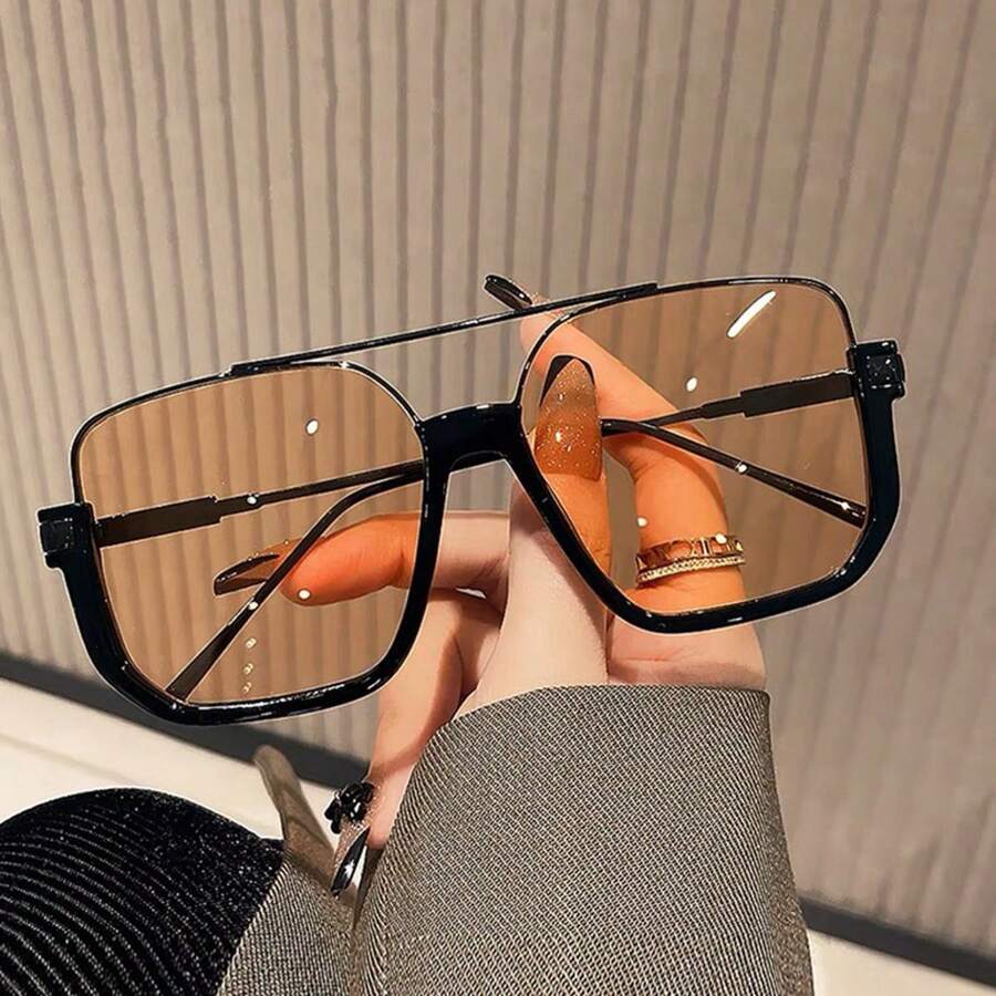 1pc Unisex Retro Oversized Transparent Frame Fashion Glasses With Double Bridge, High-End Chic Look - Champagne - View 1