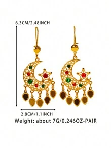1 Pair Vintage Star Moon Design Earrings With Colorful Zirconia Embedded & Gold Tassel, Suitable Gift For Friends, Girlfriend, Wife, Birthday, Daily Wear And Eid Celebration