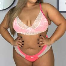 Plus Size Lingerie Set In Neon Colors With Underwire Quality Lace Bra And Panties - White - View 3