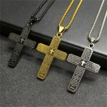 Jesus Cross Bible Pendant Necklace For Men Stainless Steel Gold/Silver/Black Color Christian Hip Hop Chain Religious Amulet Jewelry Gift QKC