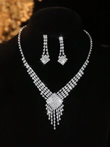Bộ 3 chiếc/Bộ vòng cổ tua rua vuông đính đá Rhinestone kèm hoa tai và vòng tay, Bộ phụ kiện hợp thời trang dành cho phụ nữ, Thích hợp cho hàng ngày, hẹn hò, đám cưới, tiệc tùng, ngày lễ tình nhân, kỳ nghỉ - Bộ dây chuyền tinh tế - Xem 5