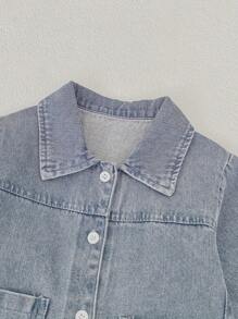 Bộ quần áo trẻ em mùa xuân & thu mới, áo liền quần denim dáng rộng unisex, áo liền quần denim tay dài cài khuy thêu hình gấu cỡ lớn (Vui lòng đặt size nhỏ hơn một size) - Màu xanh lam - Xem 7