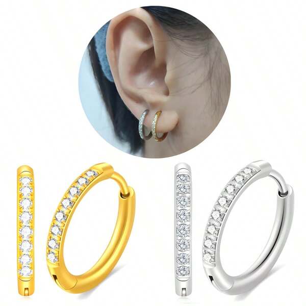 2 Pares de Brincos Argola Pequenos de 12mm Dourados e Prateados para Mulheres, Hipoalergênicos de Aço Inoxidável Cirúrgico 316L, Conjunto de Brincos Argola Pequenos com Zircônia Cúbica, Joias para Piercing de Tragus e Hélix