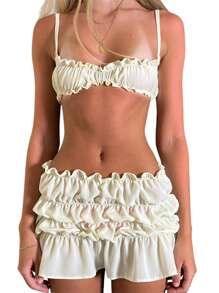 Women 2 Piece Y2k Ruffle Shorts Sets Sleeveless Spaghetti Strap Cami Tank Shirt PJ Pajama Shorts Shirred Smocked Shorts Frilly Ruffle Trim Shorts Fairycore Aesthetic Pjs - 白色 - 查看 1