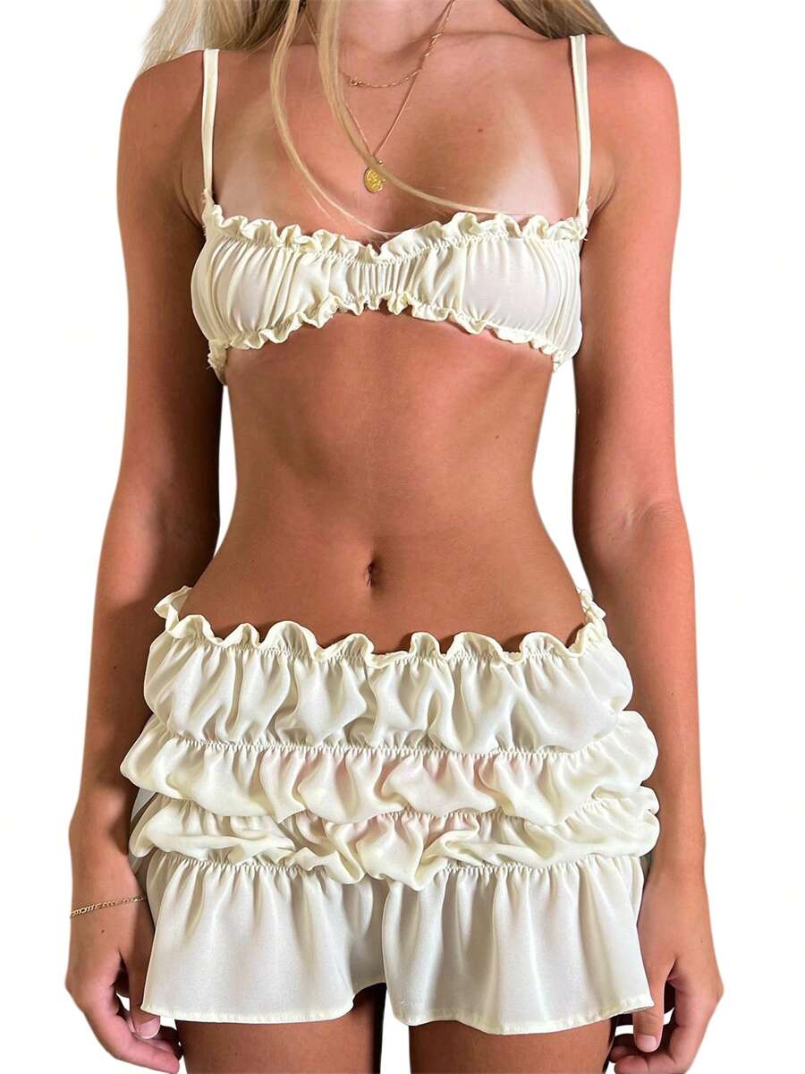 Women 2 Piece Y2k Ruffle Shorts Sets Sleeveless Spaghetti Strap Cami Tank Shirt PJ Pajama Shorts Shirred Smocked Shorts Frilly Ruffle Trim Shorts Fairycore Aesthetic Pjs - 白色 - 查看 1