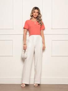 ONLYONE - SHORT SLEEVE BLOUSE WITH NECKLINE OPENING IN DUNAS FABRIC, LIGHT, COOL AND BREATHABLE -  WOMEN'S BLOUSES - 桃 - 查看 3