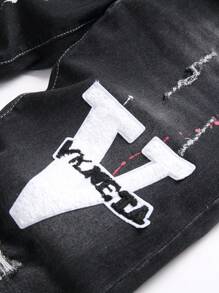 Men's Letter Pattern Distressed Elastic Denim Jeans - Black - View 3