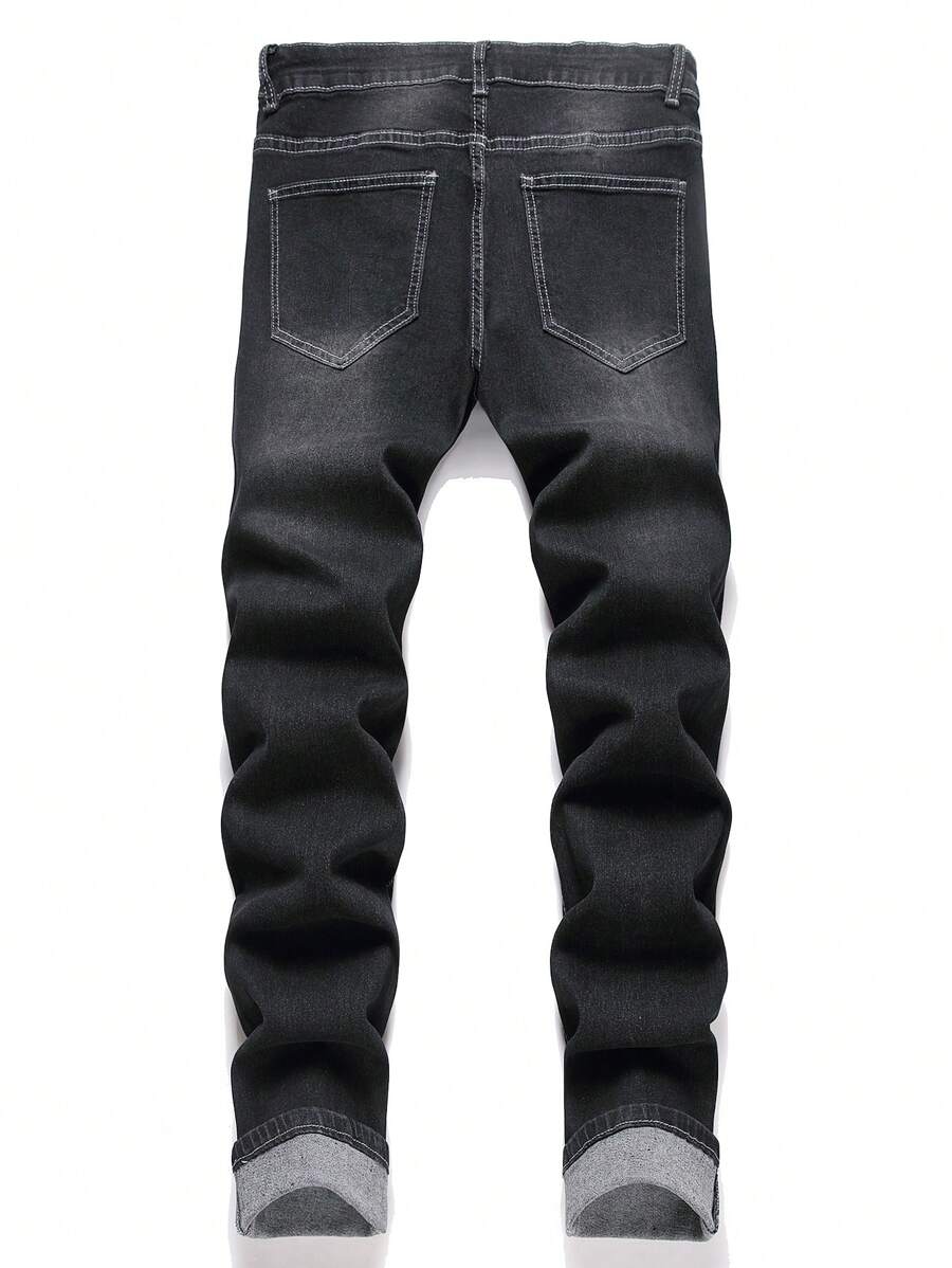 Men's Letter Pattern Distressed Elastic Denim Jeans - Black - View 1
