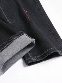Men's Letter Pattern Distressed Elastic Denim Jeans - Black - View 5