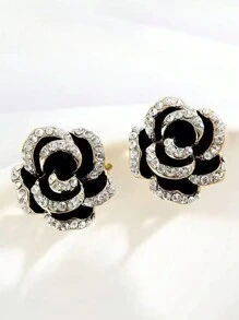 1 Pair Rose Flower Stud Earrings, Fashionable Minimalist Small Earrings, For Women - Black - View 4