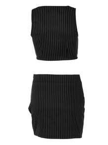Conjunto de dos piezas para mujer, top de tirantes con cuello en V y estampado de rayas negras y falda de corte A, tallas S/M/L - Negro - Ver 8