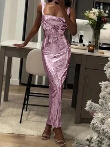 Women's Metallic Sequin Square Neck Fishtail Backless Sleeveless Party Maxi Dress, Perfect For Outings, Parties, Cocktail Events, Wedding Guests, Christmas, New Year's Eve And More Spring - Pink - View 3