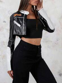 Women's Faux Leather Cropped Jacket, Long Sleeve Stand Collar Zip Up Motor Biker Coat - Black - View 5