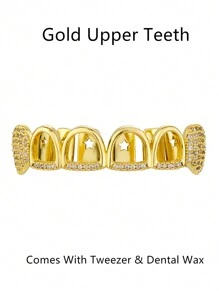 1pc/2pcs Hip Hop Style Vampire Hollow Teeth Grillz, Inlaid Shiny Zirconia 18K Gold Plated, Halloween Christmas Street Fashion Accessories, Comes With Tweezer & Dental Wax