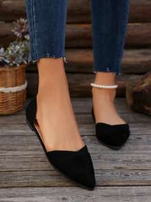 女士尖头镂空乐福鞋，带侧拼接装饰，低帮休闲黑色工作鞋，优雅百搭一脚蹬平底鞋，四季通勤新风格 - 黑色 - 查看 5