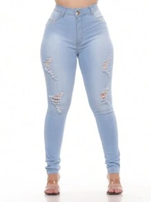 CALCA JEANS FEMININA RASGADA CINTURA ALTA LYCRA