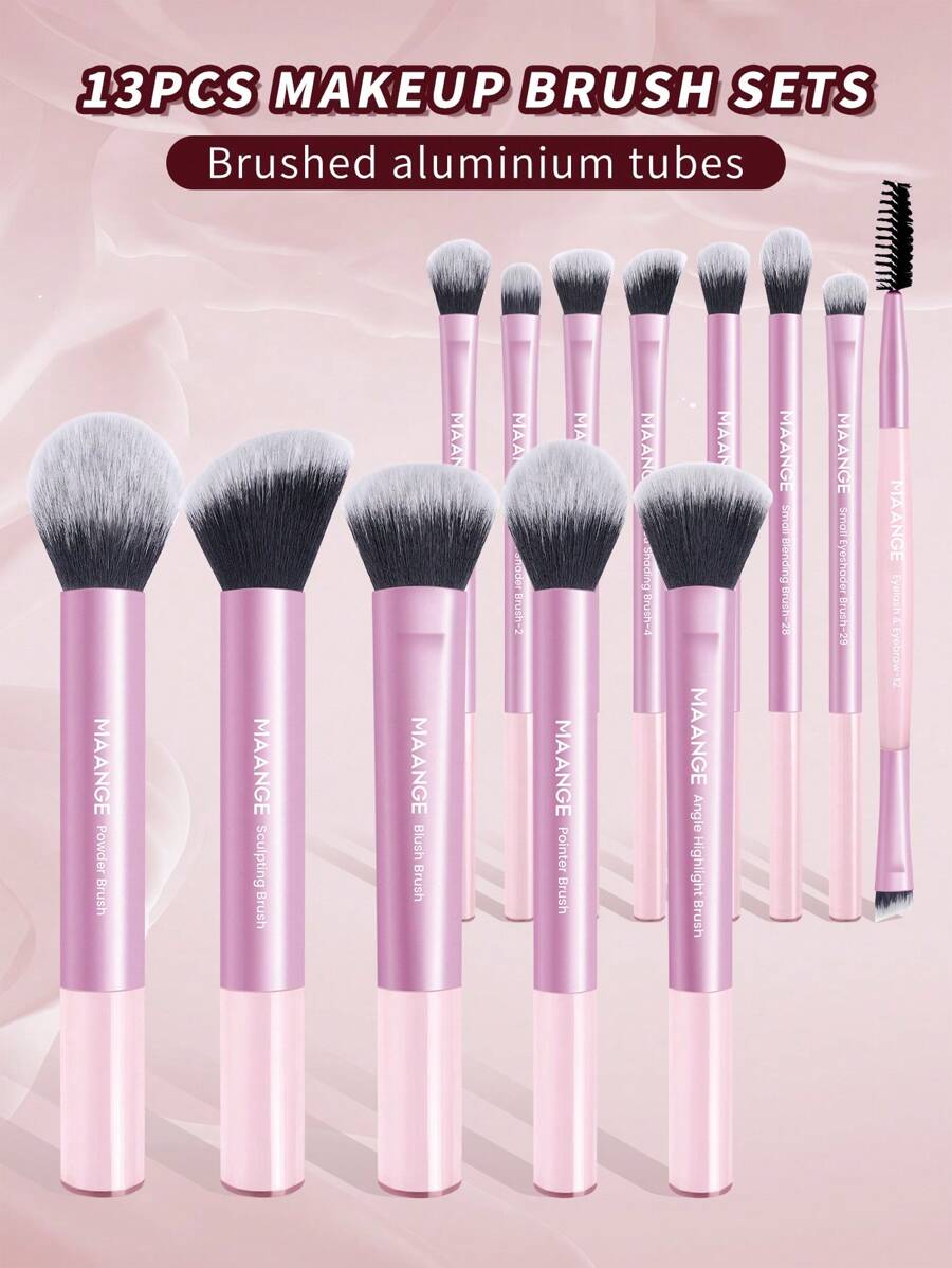 MAANGE 13pcs Professional Soft Long Aluminum Tube Makeup Brush Set,Soft Foundation Brush, Eyeshadow Brush, Eyebrow Brush, Blending Brush,Highlight Brush,Concealer Brush,Makeup Brush For Powder Liquid Cream,For Daily Use And Travel,Makeup Accessories Gifts For Friends ﻿ ﻿ ﻿ - 粉色 - 查看 1