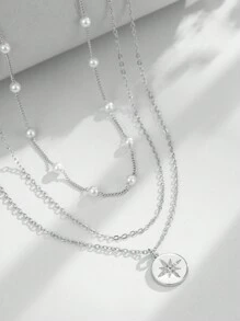 3pcs/Set Layered Design Copper Circular Pendant With Cubic Zirconia And Faux Pearl Decor Necklace Set, Suitable For Women Everyday And Holiday Wear (Random Pearl Quantity) - Silver - View 2