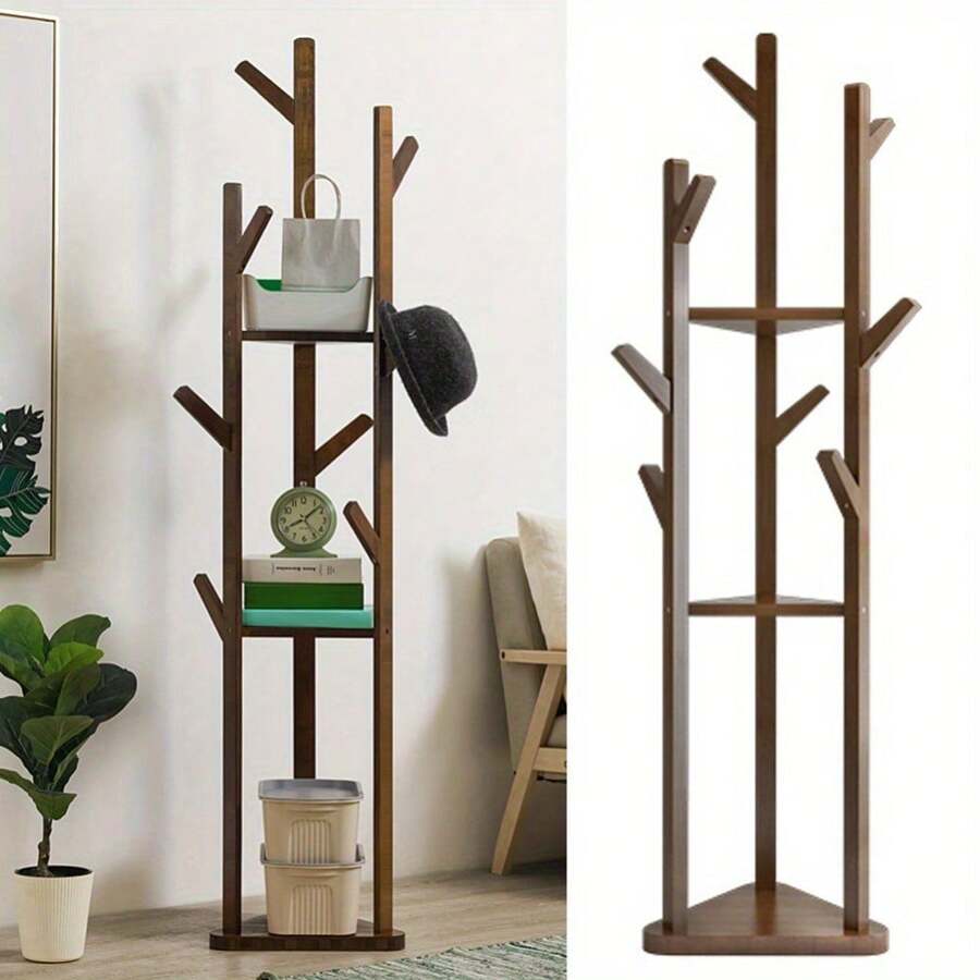 1 Piece Triangle Classic Corner Clothes Rack Shelf Hall, Freestanding Clothes Rack, Minimalist Wooden Clothes Rack, Tree Clothes Rack Hanging Rack With 3 Tiers Of Shelves 8 Hooks, Suitable For Entryway Bedroom Living Room - Brown - View 1