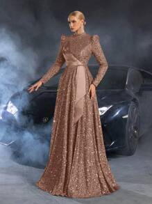 Elisanya 优雅立领撞色缎面亮片礼服、派对礼服、婚礼宾客礼服、晚礼服