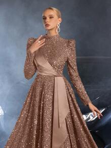 Elisanya 优雅立领撞色缎面亮片礼服、派对礼服、婚礼宾客礼服、晚礼服