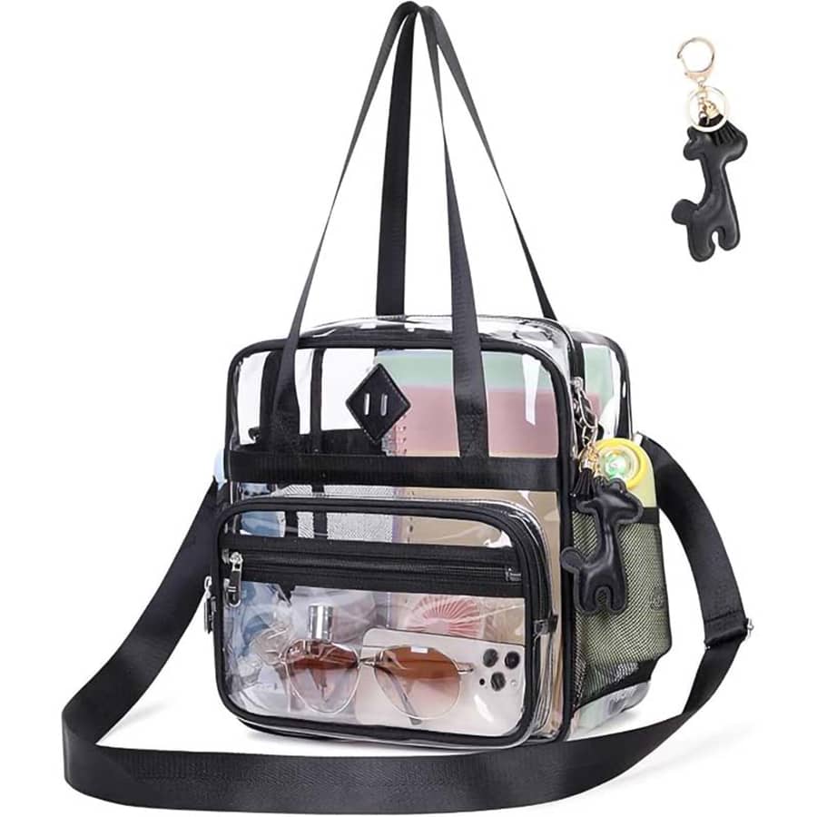 PIG PIG GIRL 12" Stylish PVC Clear Bag With Detachable Shoulder Strap, Waterproof And Sturdy, Suitable For Stadium Events, Concert Clear Bags, Places Requiring Security Inspection - Camping, Cruise/Vacation Must-Have, Anniversary Gift - Black - View 1