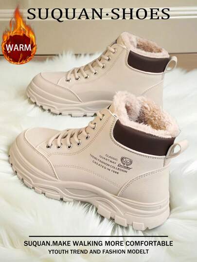 1 双女式绒面雪地靴，卡其色，羊毛衬里保暖，加厚，厚底，时尚，百搭，休闲，运动，2024 年必备