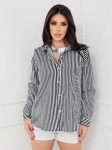 Women's Long Sleeve Formal T-Shirt In Duna Fabric, Size M, G, Gg, G1, G2, G3, Super Fashion Blouse - 黑與白 - 查看 3