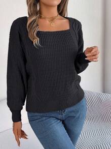 Women's Casual Solid Color Square Neck Ribbed Knit Sweater, Autumn/Winter - Black - View 3