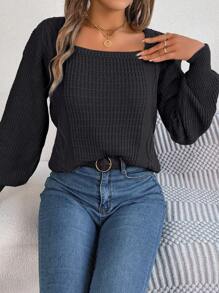 Women's Casual Solid Color Square Neck Ribbed Knit Sweater, Autumn/Winter - Black - View 6