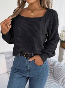 Women's Casual Solid Color Square Neck Ribbed Knit Sweater, Autumn/Winter - Black - View 4