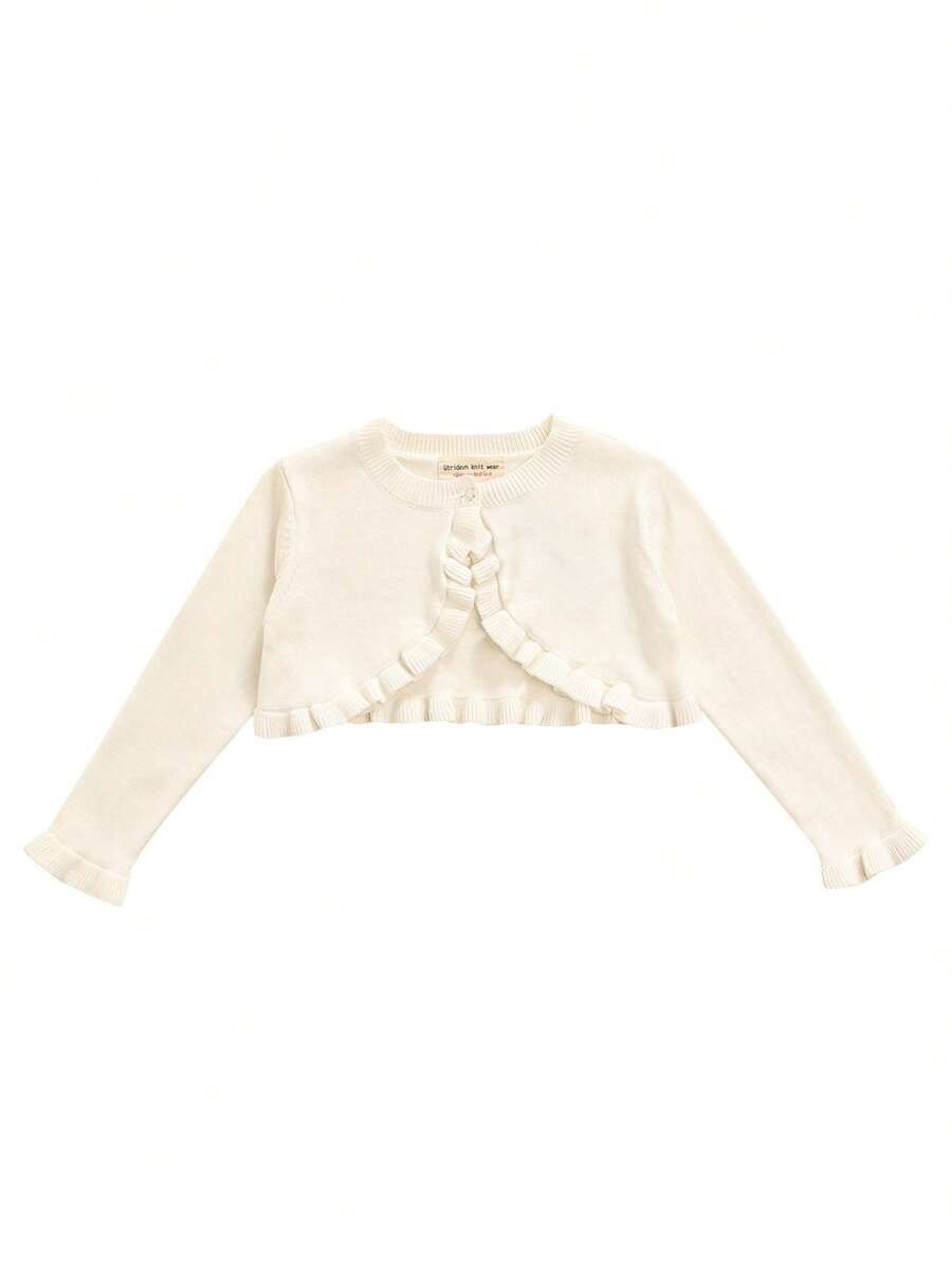 Toddler Baby Girl Sweater Crop Top Knit Cardigan Long Sleeve Ruffled One Button Cute Outwear Kids Fall Shrug Cover Up - 白色 - 查看 1