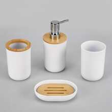 AUXOM 6-Piece Bathroom Set Kit With Bamboo Details - Trash Can, Toothbrush Holder, Liquid Soap Holder, Soap Dish, Toothbrush Holder, And Cotton Holder - trắng - Xem 5