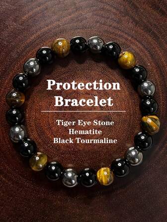 1 件波西米亚三重保护弹力手链，虎眼石和赤铁矿，黑色碧玺，弹性能量珠，男女通用幸运时尚珠宝，精神疗愈配饰礼物