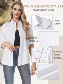 Camisa informal de color liso con mangas enrolladas para mujer,blusas dama casual,blusas para mujer,Camisas de primavera para mujer - Blanco - Ver 4