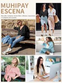 Camisa informal de color liso con mangas enrolladas para mujer,blusas dama casual,blusas para mujer,Camisas de primavera para mujer - Blanco - Ver 7