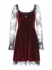 Women Gothic Dress Vintage Lace Grunge Punk Goth Dresses Casual Cosplay Party Cocktail Halloween - 紅色 - 查看 4