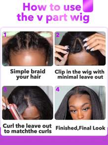 V Part Wigs Human Hair Kinky Straight Wig Yaki Straight Human Hair Wig For Women Afro Kinky Straight Human Hair V Part Wig Glueless Upart Yaki Straight - Natural Black - View 7