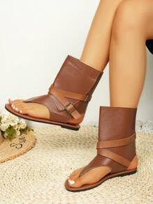 Dép quai hậu hở mũi cổ điển, Dép quai hậu đế bằng thời trang đa năng, Giày bốt ống bó phong cách mới có khóa thắt lưng trang trí, Dép quai hậu giản dị - màu nâu - Xem 6