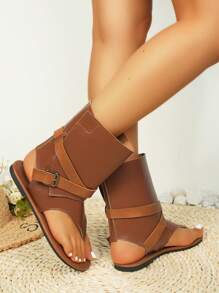 Dép quai hậu hở mũi cổ điển, Dép quai hậu đế bằng thời trang đa năng, Giày bốt ống bó phong cách mới có khóa thắt lưng trang trí, Dép quai hậu giản dị - màu nâu - Xem 5