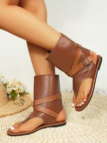 Dép quai hậu hở mũi cổ điển, Dép quai hậu đế bằng thời trang đa năng, Giày bốt ống bó phong cách mới có khóa thắt lưng trang trí, Dép quai hậu giản dị - màu nâu - Xem 4