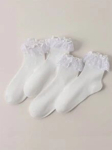 1/4 pares/set Calcetines con volantes de tripulación de color blanco liso, cómodos, con diseño de encaje y ribete para mujeres