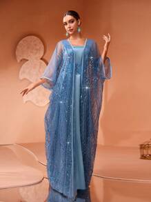 全新奢华优雅女士长袍 - 灰藍色 - 查看 5