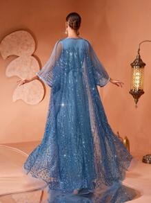 全新奢华优雅女士长袍 - 灰藍色 - 查看 7