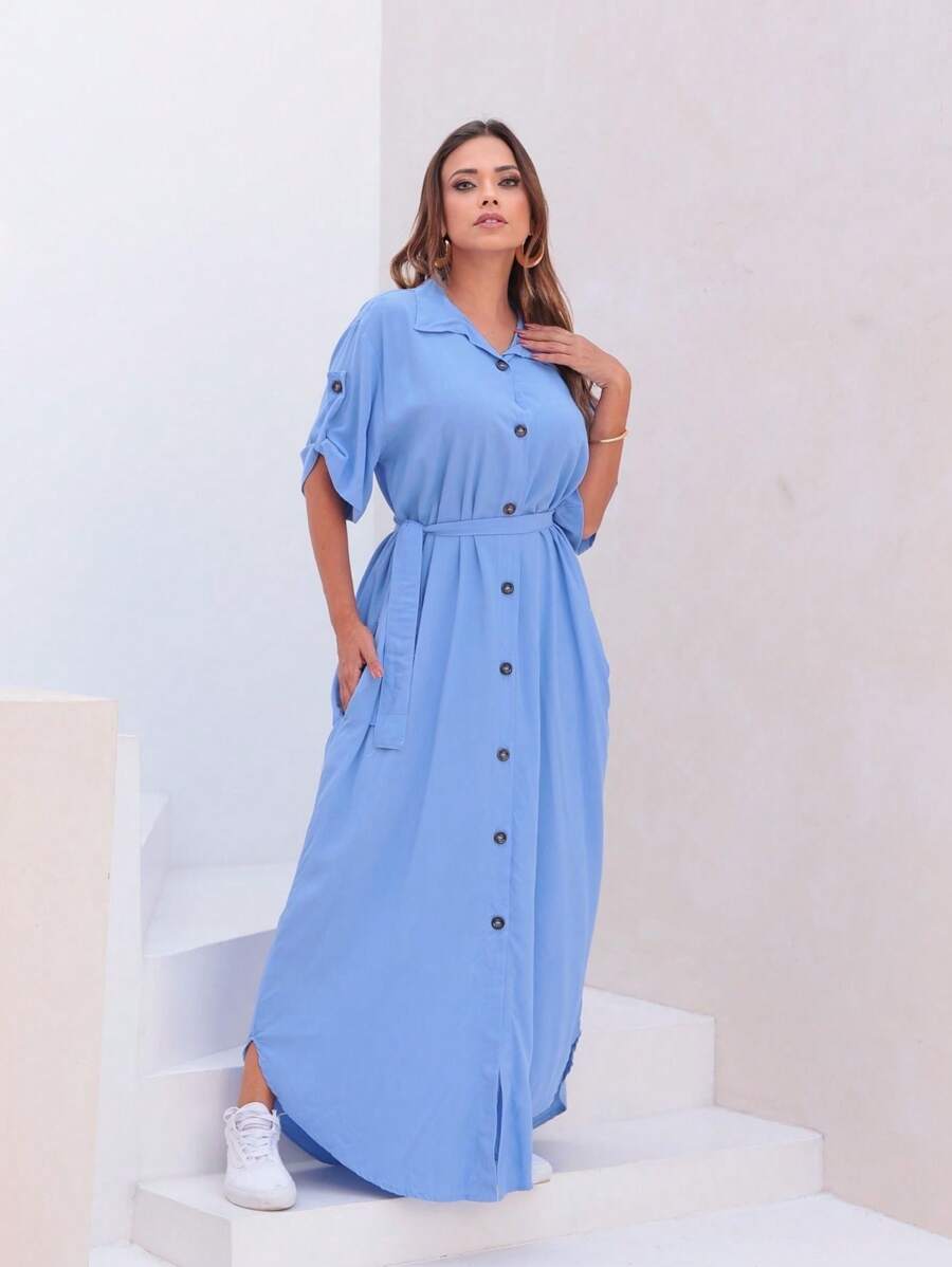 Long Slim Short Sleeve Regular Fit Summer Fashion Elegant Chemise Dress - 淺藍色 - 查看 1