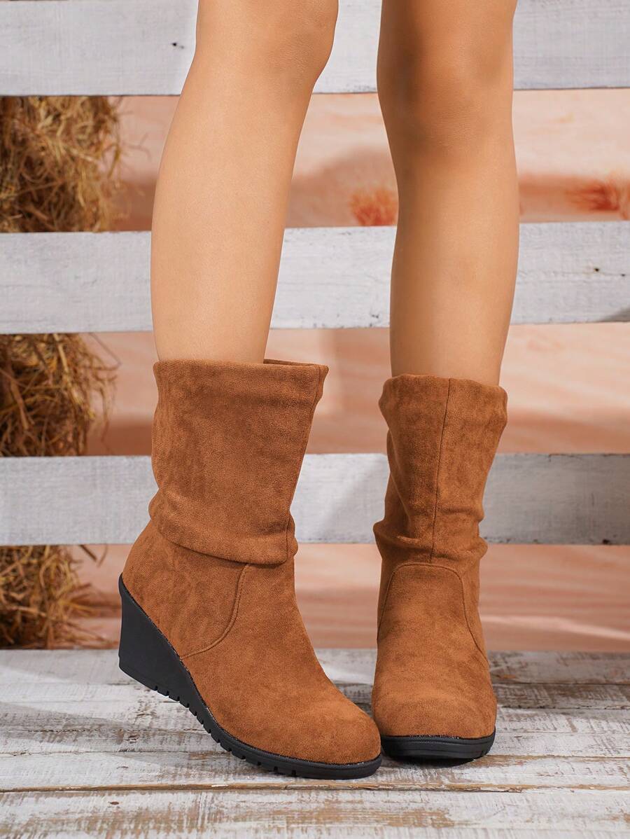 Giày bốt cao đến giữa bắp chân, mũi tròn, màu trơn, đế xuồng, thời trang dành cho nữ, thích hợp cho mùa thu/đông, giày đi làm đa năng - Cà phê nâu - Xem 1