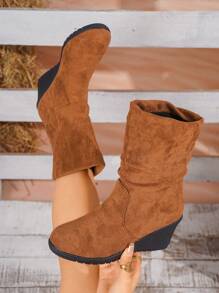 Giày bốt cao đến giữa bắp chân, mũi tròn, màu trơn, đế xuồng, thời trang dành cho nữ, thích hợp cho mùa thu/đông, giày đi làm đa năng - Cà phê nâu - Xem 4