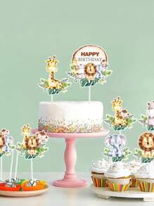 16pcs Jungle Animal Style Cake Topper, Jungle Animal Theme Birthday Babe Shower Party Decoration Supplies, Wild One Cup Cake Decorations, Baking DIY Accessories