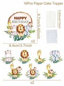 16pcs Jungle Animal Style Cake Topper, Jungle Animal Theme Birthday Babe Shower Party Decoration Supplies, Wild One Cup Cake Decorations, Baking DIY Accessories