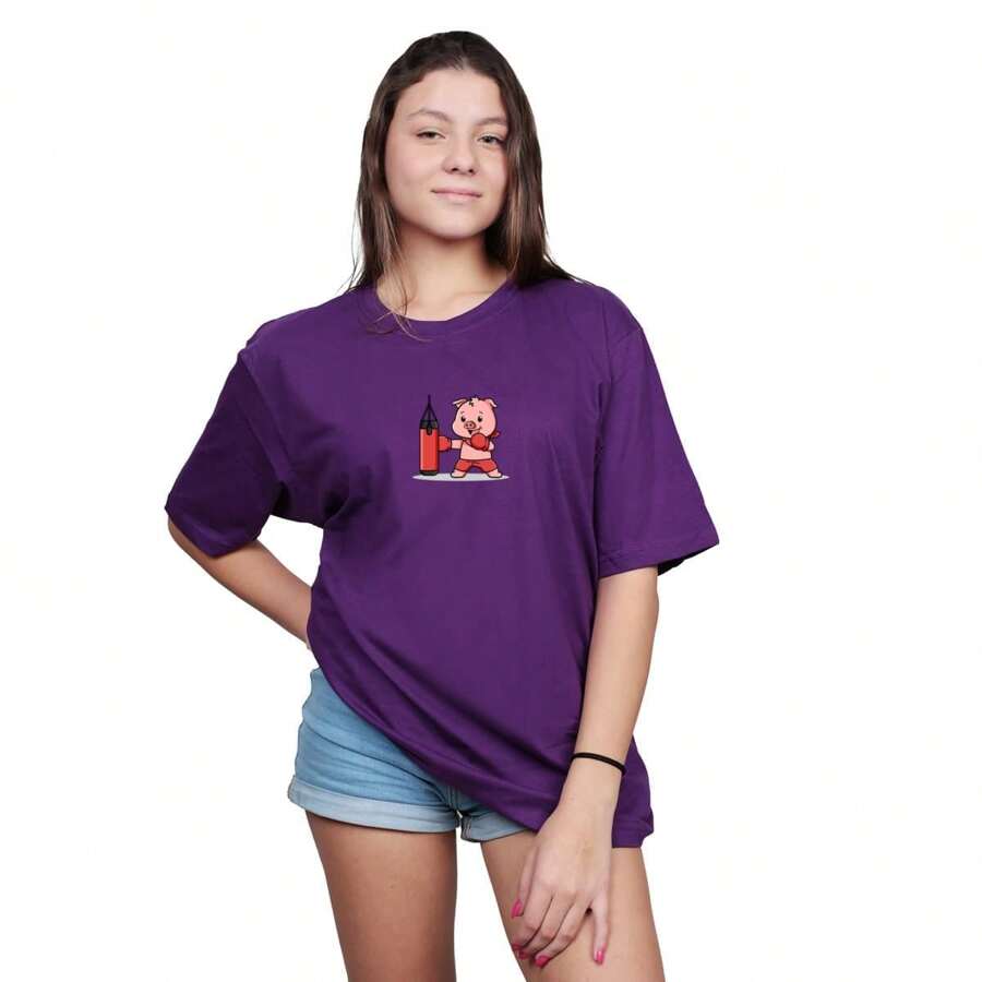Women's Oversized T-Shirt Pig Boxing Cotton Workout Gym Streetwear - 紫色 - 查看 1